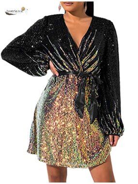 Plus Size Long Sleeve Sequin V-Neck Cocktail Evening Party Dress with Pockets